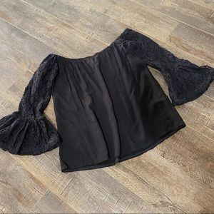 Elan Black Blouse Top Flounce Lace 3/4 Sleeves Flare Size Small Off Shoulder